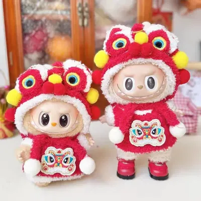 Ropa Labubu For 15/17cm Labubu Outfit Accessories Red Lion Dance New Year's Celebration Set With