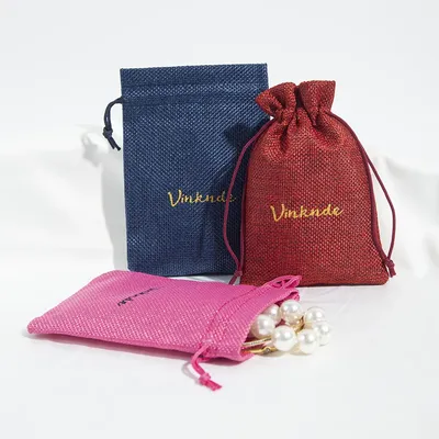 Custom Logo Burlap Gift Bags 4x5.5 Inches Natural Linen Burlap Sack Bags with Drawstring for Jewelry