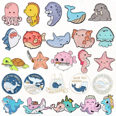 Whale Dagger Shark Puffer Fish Jellyfish Turtle Metal Badge Punk Lapel Brooch Jewelry Gift Cute Sea