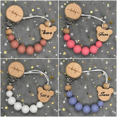 Custom Baby Pacifier Chain Clips Wooden Personalized Teether Silicone Round Beads Teething Chain for