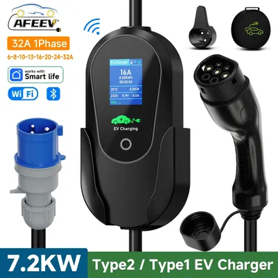 AFEEV Type2 IEC 62196-2 Portable EV Charger 7.2KW 32A Type1 SAEJ1772 Wallbox EVSE Fast Charging