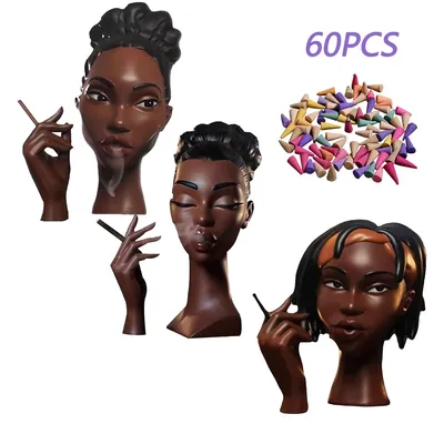 NEW Head Incense Burner Black Women Face Resin Incense Holder With 60Pcs Incense Cones for Bedroom