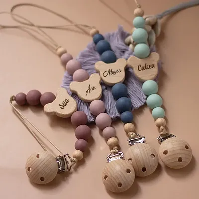 Personalized Name Wooden Baby Pacifier Chain Silicone Bead Dummy Nipple Holder Guard Teether Pendant