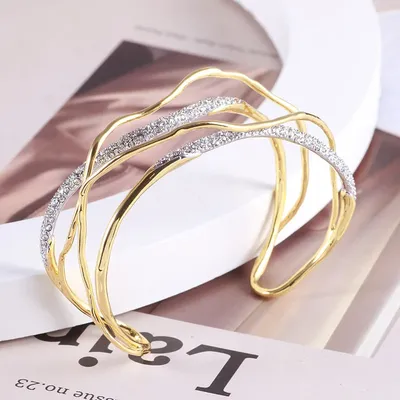 Trendy 2 Tones Cross Lines Cuff Bangles For Woman Copper Gold Plated Mixed Silver Color Sparkling