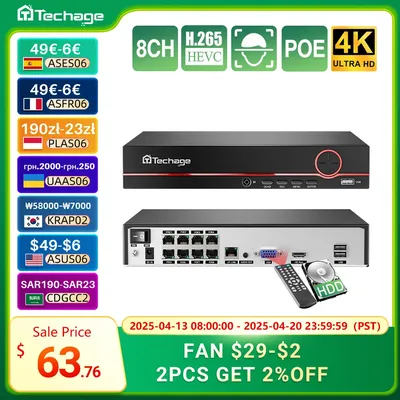 Techage H.265 8CH 4MP 5MP 8MP 1080P 4K POE NVR Двусторонний аудиомониторинг NVR до 16CH для сетевой