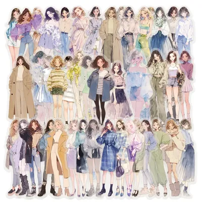 50Pcs Cartoon High Street Girl Wearing PET Material Transparent Stickers Water Cup Phone Case Guitar Fashion Decorative Stic