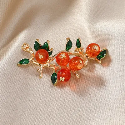 Chinese Style Good Luck Orange Enamel Persimmon Brooches for Women Cute Alloy Fruits Lapel Pins