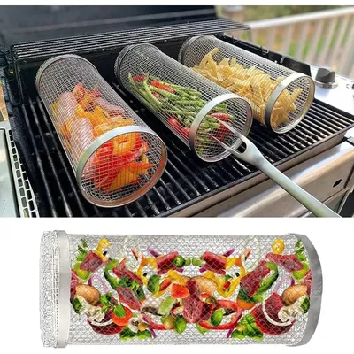 BBQ Grill Basket Rolling Grilling Basket Barbecue Cages Barbecue Grill Grate Cylinder Grilling