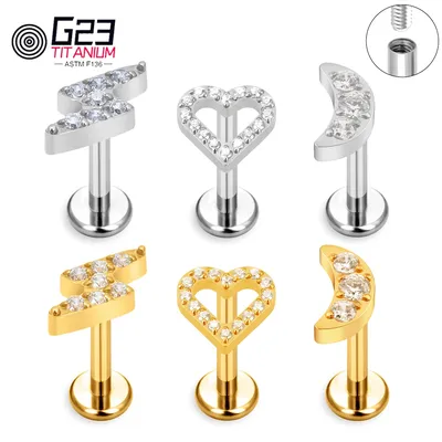 Lightning Heart Threaded Earring Stud G23 ASTM F136 Titanium 16G Labret Lip Cartilage Helix Nose