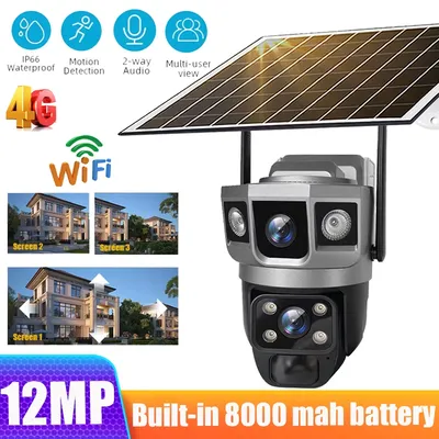 12MP Dual Lens Solar IP Camera Three Screen 4G 6K Security Outdoor WiFi Webcam PIR Night Vision