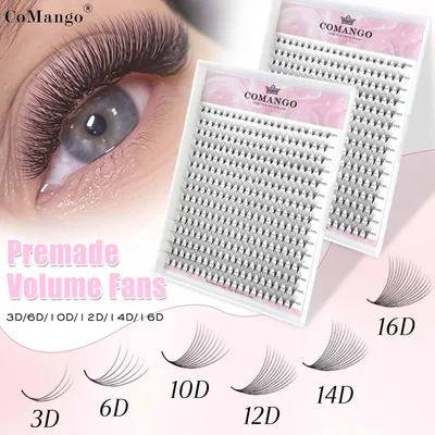 CoMango 300PCS Premade Volume Fans 3D/6D/10D/12D/14D/16D 0.05/0.07mm Soft Light Weight Wispy Eyelashes Extensions Mix Tray