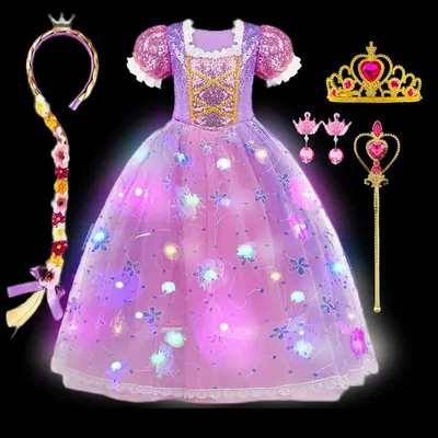 Shimmering Princess Rapunzel Fairy Tale Costume Kids Halloween 2024 Cosplay Dress with Color LED