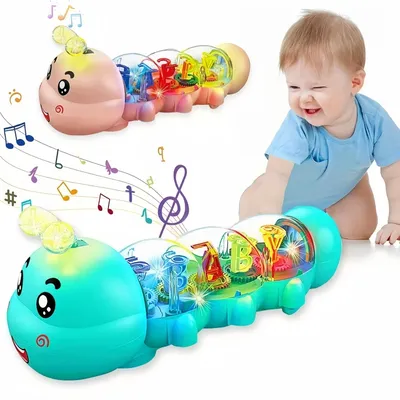 Cute caterpillar style baby crawling toy with lighting, music and automatic steering, letter and