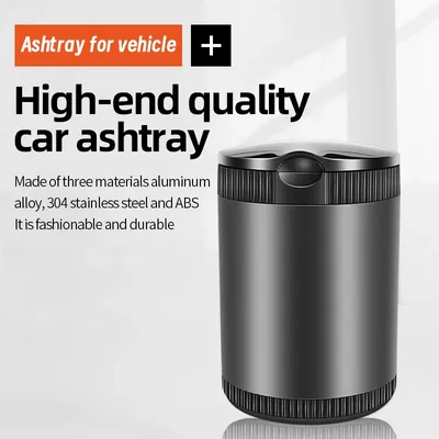Metal Car Ashtray With Lid LED Light Portable Alloy Stainless Steel Inner Liner High Flame Retardant