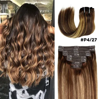 ​Straight Clip in Hair Extensions 100% Real Human Hair #4/27 Brown Highlights Blonde Clip In Remy
