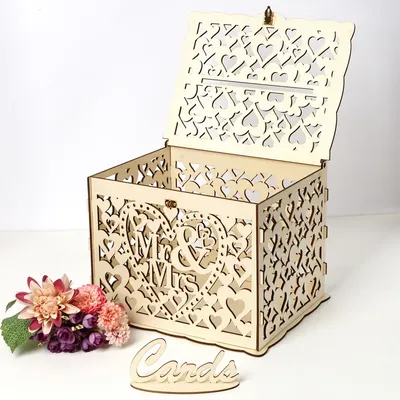 Wooden Wedding Card Box Wedding Decoration Supplies DIY Mr&Mrs Couple Flower Pattern Envelope Sign
