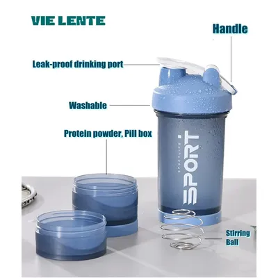 500ML 3-layer Sports Water Protein Powder Shaker Bottle Outdoor Travel Portable Leakproof Drinkware