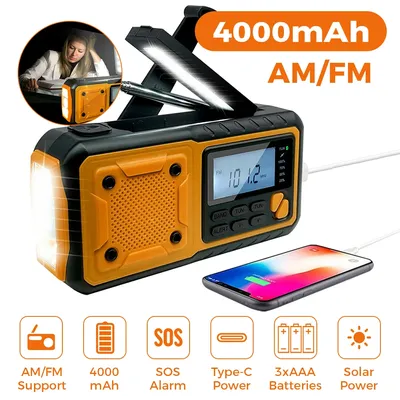4000mAh Portable Emergency Solar Power Radio Hand Crank Charging AM/FM Weather Radio Led Reading
