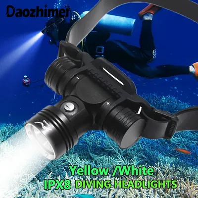 IPX8 Diving Headlight L2 Scuba Waterproof Headlamp100 Meters Underwater Torch Lantern Yellow /White