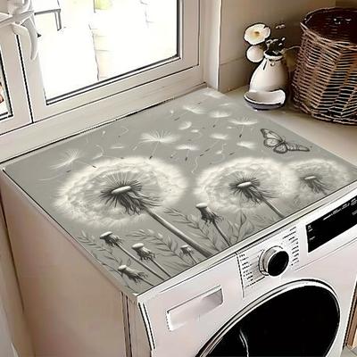 TEMU 1pc, Grey Dandelion Pattern Dust Cover For Washing Machine, Kitchen And Bathroom Accessories, Double Laryer Non-slip Pu Leather Modern Dust Cover Pad Image