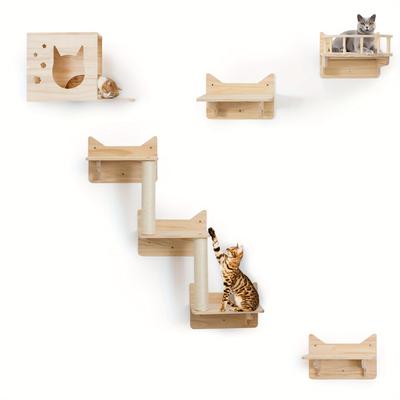 TEMU Pine Cat Wall Shelves, Set Of 5 Cat Wall Furniture, Cat Scratching Post With 3 Steps, Cat Perch, Cat House And Cat Condo - Cat Shelves For Wall Image