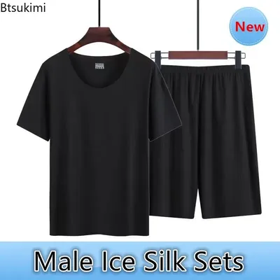Männer Sommer Dünne Pyjamas Anzug Hause Tragen Nahtlose Kurzarm Shorts Nachtwäsche Sets Nicht-spur Image