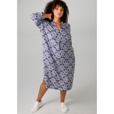 Sommerkleid ANISTON PLUS, Damen, Gr. 46, N-Gr, blau (marine, weiß), Obermaterial: 100% Viskose, modisch, figurumspielend, V-Ausschnitt, 3/4-Ärmel Krempelärmel, Kleider, mit farbharmonischem, graphischem Druck Image