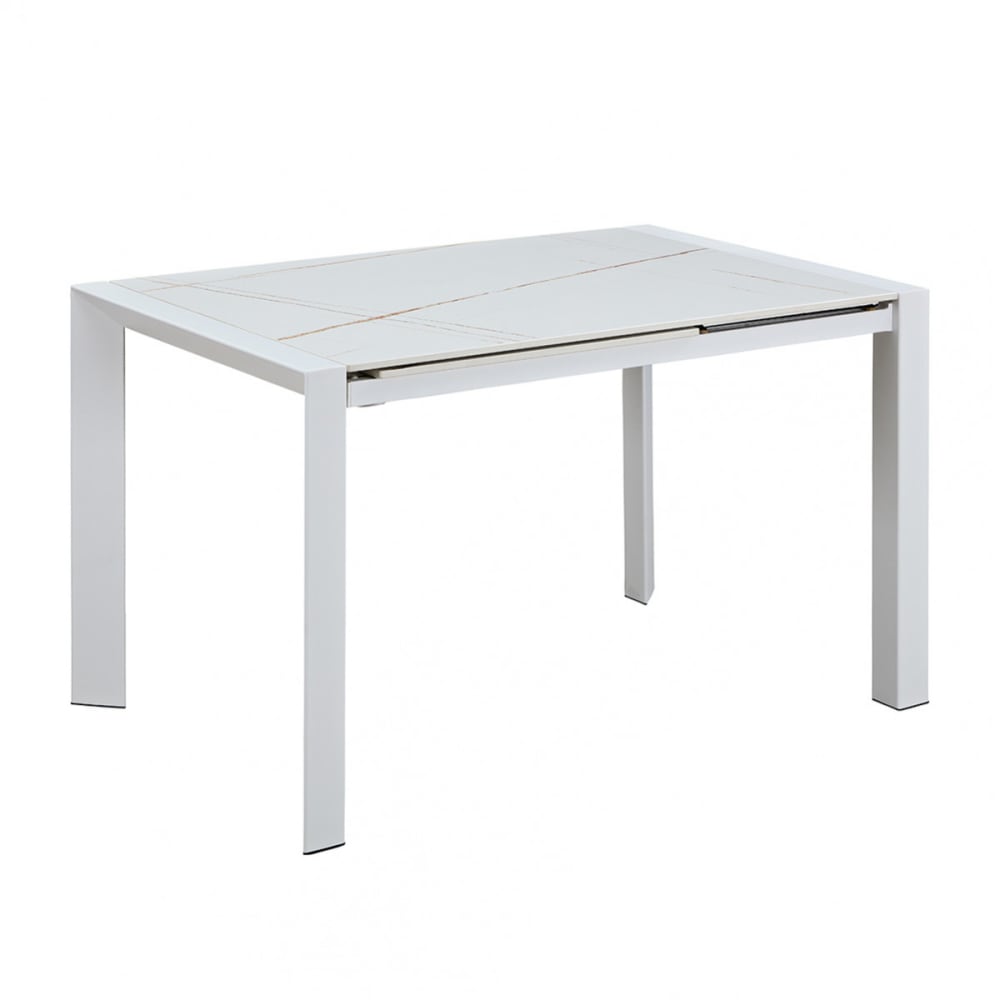Table repas allongeable plateau céramique marbré blanc pieds métal bl