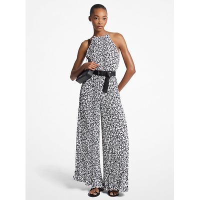 Michael Kors Floral Print Pleated Crepe Halter Jumpsuit White M