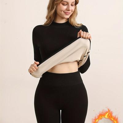 TEMU Autumn And Winter Women's Warm Underwear Set With Fleece-lined Thick High-neck Comfortable Long-sleeve Top And Pants 2pcs Set Image