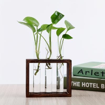 TEMU Plant Glass Container With Wooden Stand, Wall Hanging Glass Vase, With 5 Test Tubes, Desktop Glass Container For Hydroponic Plant Cultivation, Unique Gift For Girls Image