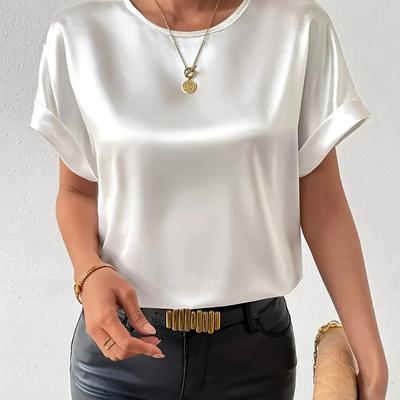 TEMU 1pc Elegant Plus Size Top - Polyester Satin Blouse With Round Neckline, Solid Color, Non-stretch Fabric, Woven Weave For All Image