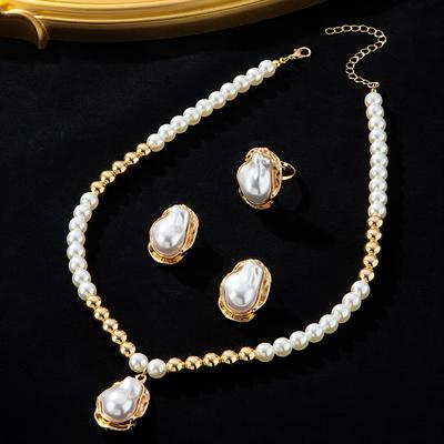 TEMU 4pcs Vintage Boho Style Acrylic Pearl Jewelry Set, Elegant Irregular Pearls, Necklace, Earrings, Ring For Women, , Gift-, And Party Occasions Image