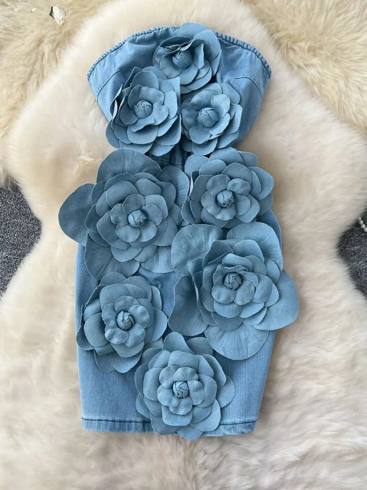 Elegante 3D Blume Rose Kurze Party Kleider Frauen Sommer Urlaub Ärmellose Liebsten Korsett Blau Denim Jeans Kleid Mini Vestidos