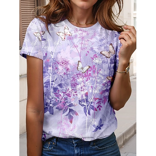 Damen T Shirt Druck Blumen Tiermotiv Lässig Kurzarm Rundhals Normale Oberteile Täglich Purpur Sommer Frühling