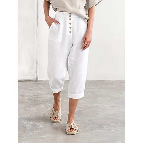 Damen Kunstbaumwollleinen Chinos Mode Streetwear Wadenlang Hohe Taille Einfach Tasche Elastischer Bund Bequem Weich Mikroelastisch Outdoor Straße Navy-Blau Weiß Sommer Frühling Normale Passform Image