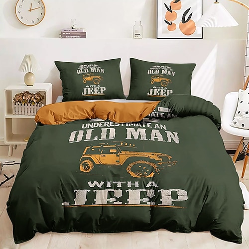 Bettbezug-Set mit grafischem Auto und altem Mann im Vintage-Retro-Stil, weicher, strapazierfähiger Mikrofaser-Bettbezug mit Kissenbezügen, einzigartiges Schlafzimmerdekor Image