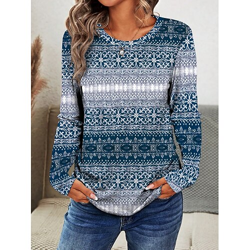 Damen T-Shirt Rundhalsausschnitt Langarm Tunika Grafik Geometrisch Lässig Regelmäßige Oberteile täglich Print Verblasstes Blau Frühling Herbst Image