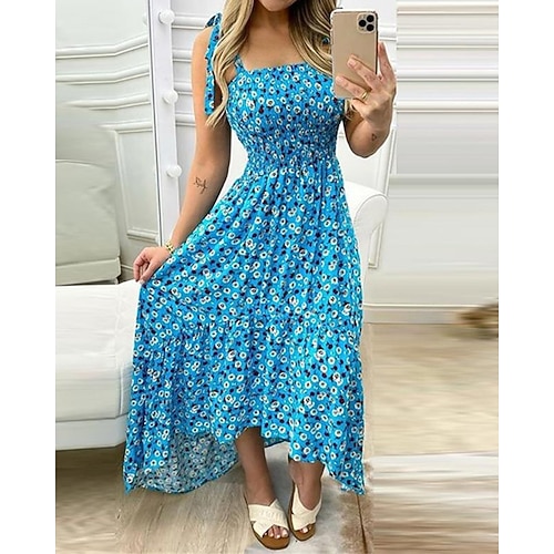 Damen Langes Kleid Maxikleid A Linie Kleid Blumenkleid Sommerkleid Trägerkleid Elegant Stilvoll Urlaub Täglich Date Normale Passform Blumen Ärmellos Quadrathals Gelb Rosa Rote Dunkelblau Sommer Image