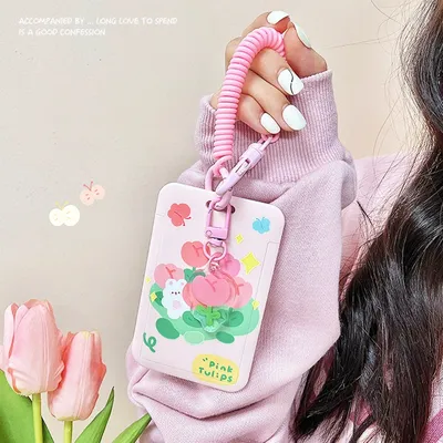 Ins Style Tulip Card Set Cute Elastic Rope Student School Card Bus Meal Card Protection Set Key