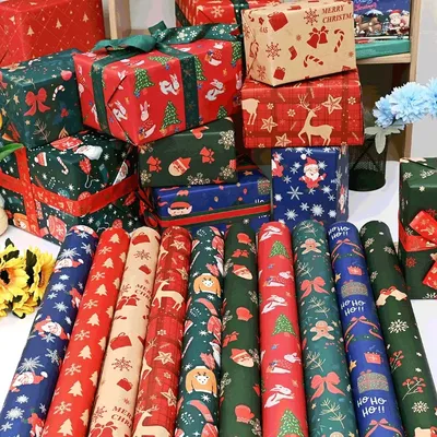 2PCS Christmas Kraft Wrapping Paper Xmas Tree Santa Claus Pattern Gift Flowers Bouquet Packaging