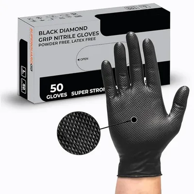 8Mil Heavy Duty Black Nitrile Gloves Diamond Textured Grip Disposable Gloves Tear Resistant Industrial Mechanic Safety Gloves