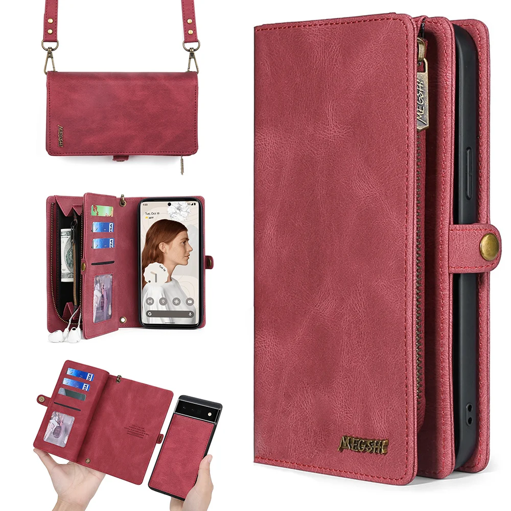 Megshi Luxus Abnehmbare Brieftasche Telefon Fällen Für Für Google Pixel 9 8 7 6 8A 7A Pixel 9 Pro XL magnetische Verschluss Flip Leder Fall Image