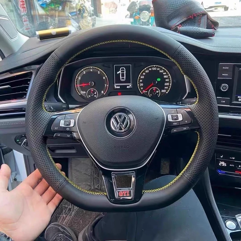 Auto-Lenkradbezug, schwarz, rutschfest, Kunstleder, für Volkswagen VW Golf 7 Mk7 Touran Up, neues Polo Jetta Passat B8 Tigua Image