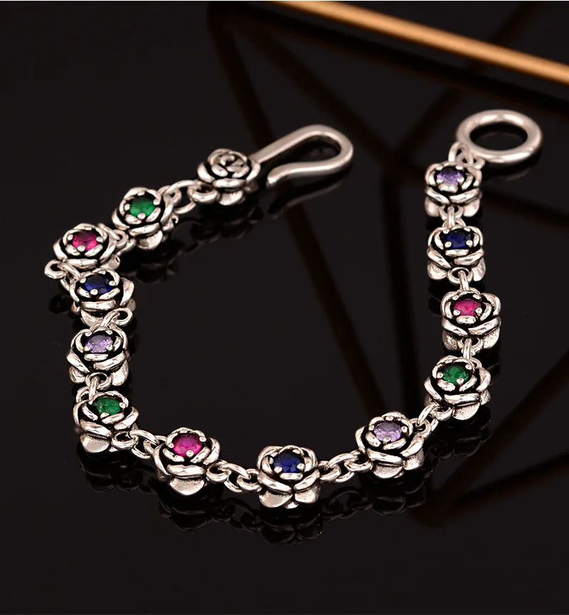 Neue Ankunft Süße Rose Blume Bunte Kristall Thai Silber Damen Schmuck Sets Für Frauen Halskette Armband Geburtstag Geschenke Image