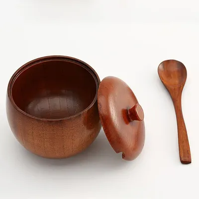 1pcs Wooden Seasoning Jar Salt Celler with Lid and Spoon Spice Pepper Seasoning Container Storage