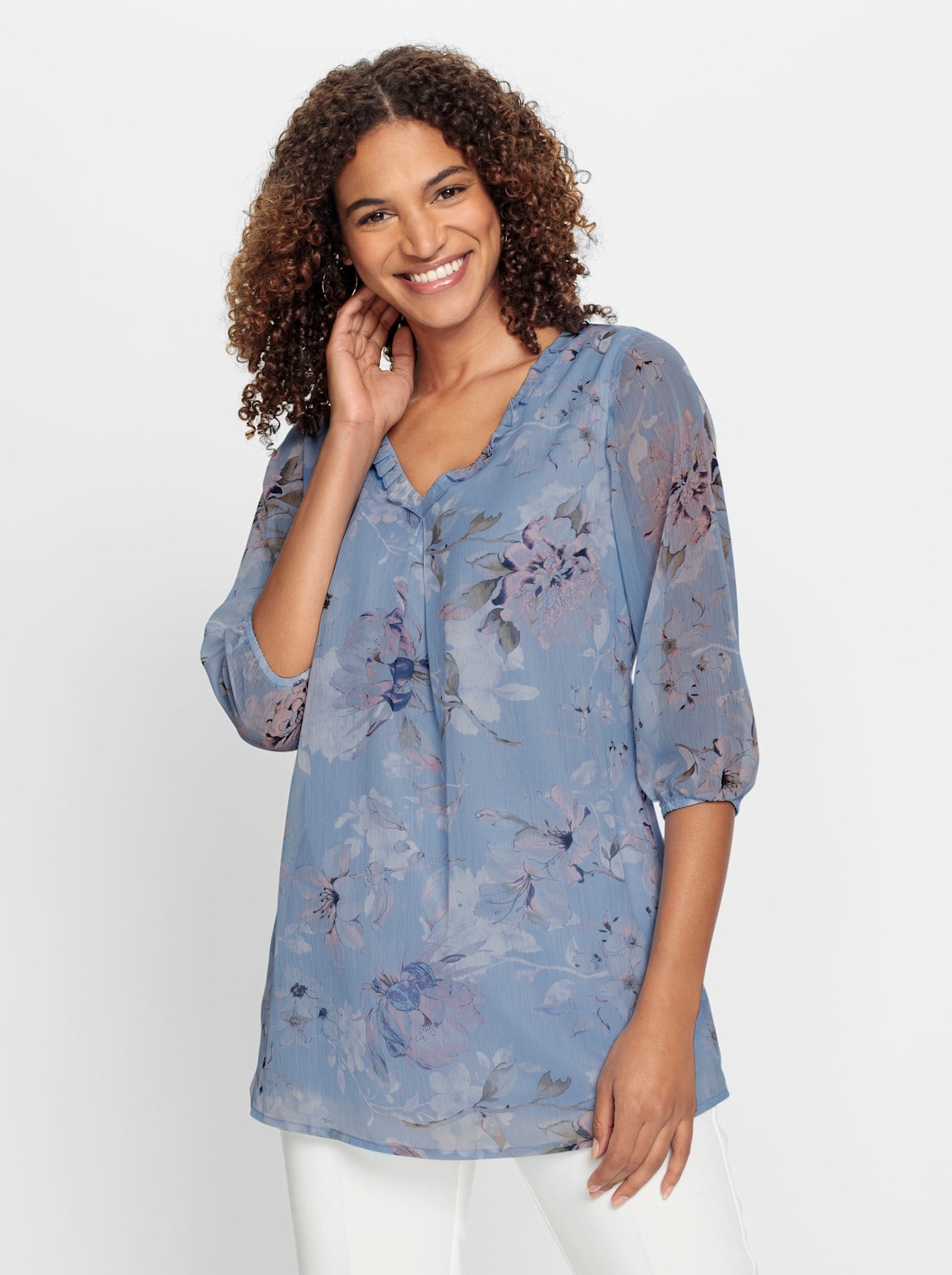 Druckbluse LADY, Damen, Gr. 44, blau (bleu, bedruckt), 100% Polyester, geblümt, gemustert, mehrfarbig, V-Ausschnitt, Blusen Image