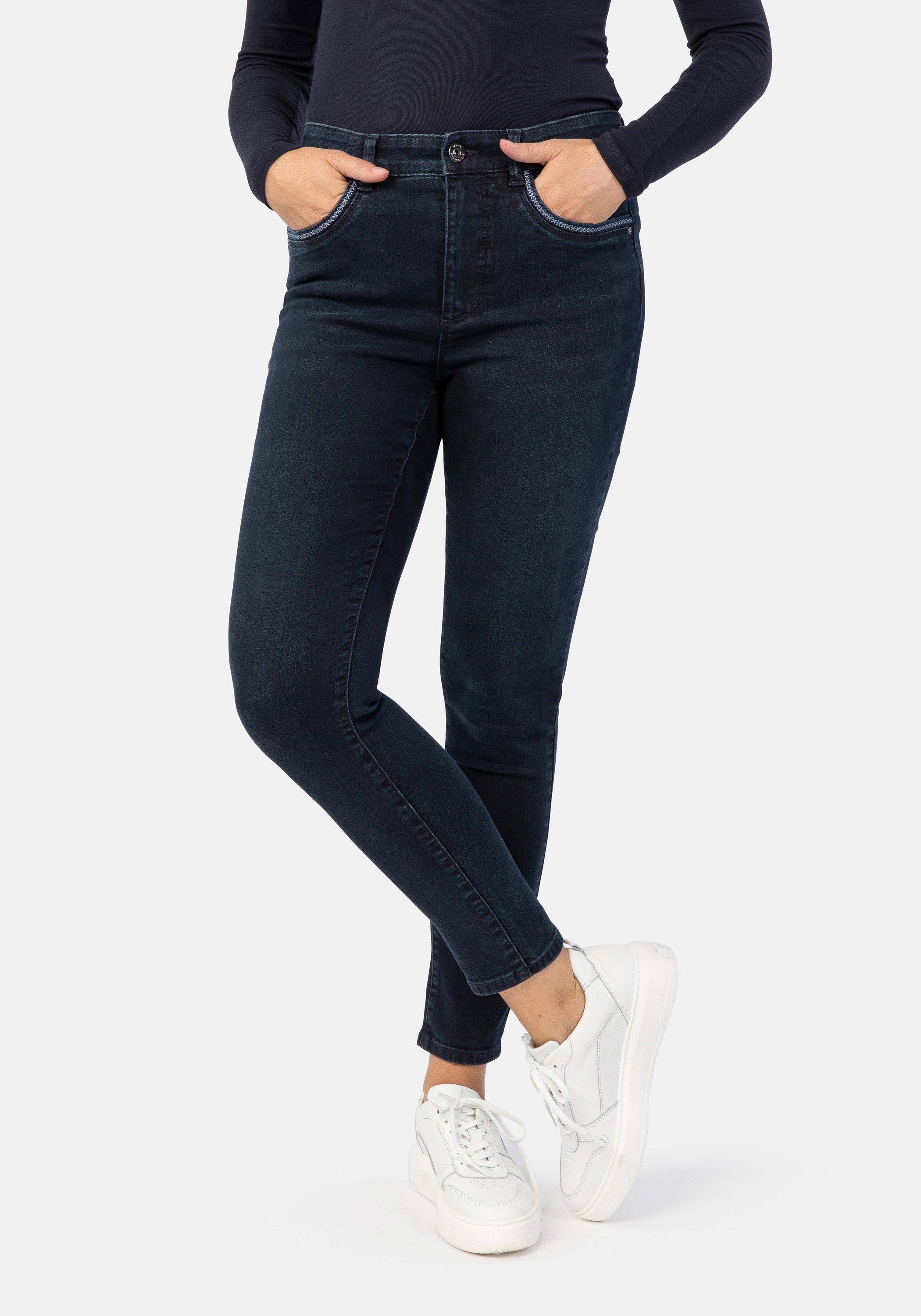 5-Pocket-Jeans STOOKER WOMEN "Rio Fexxi Move Denim Skinny Fit", Damen, Gr. 40, Länge 32, blau (authentic indigo wash), Denim/Jeans, 82% Baumwolle, 17% Polyester, 1% Elasthan, skinny fit lang, Jeans 5-Pocket-Jeans, Skinny Fit Casual Clean Wash Denim...