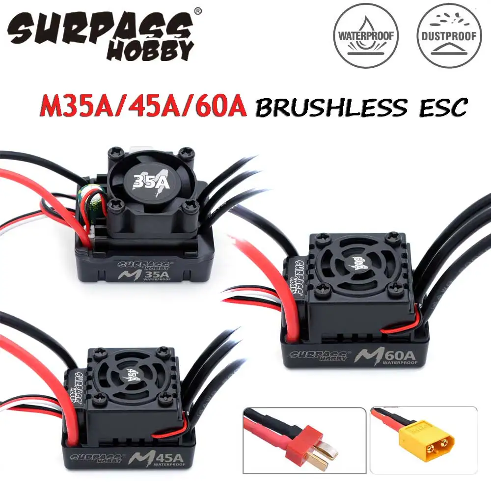 Surpass Hobby Waterproof RC ESC M35A/45A/60A Brushless Speed Controller 2-3S for 1/10 1/12 1/14 1/16 RC On-road Buggy Monster