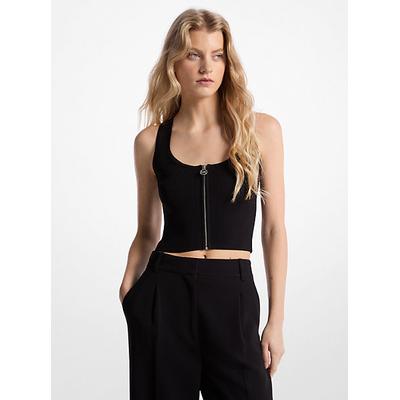 Michael Kors Ribbed Viscose Blend Zip-Up Tank Top Black L